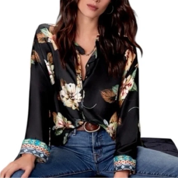 JOHNNY WAS Corey 100% SILK Boxy Blouse Mandarin Collar Embroidered Cuff Size XL - Picture 3 of 9